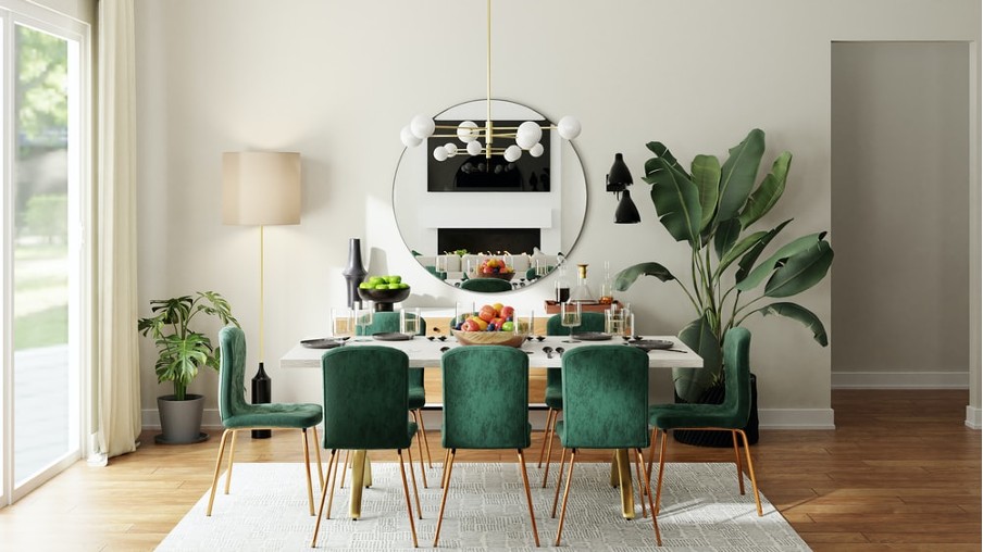 a custom glass mirror in a dining room.